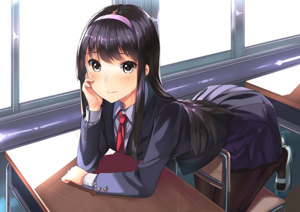 Anime picture 1000x707 with original kagematsuri single long hair looking at viewer blush black hair brown eyes arm support chin rest classroom girl skirt uniform school uniform pantyhose shoes window black pantyhose headband