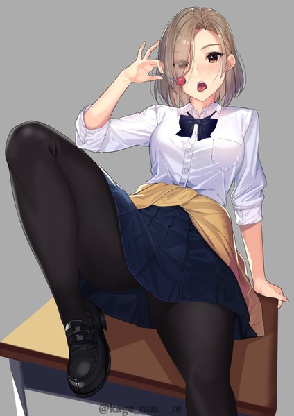 Anime picture 1447x2046 with original kagematsuri single tall image looking at viewer blush fringe short hair breasts open mouth light erotic simple background brown hair sitting brown eyes signed bent knee (knees) pleated skirt hair over one eye grey background