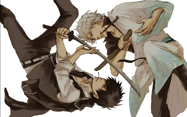 Anime picture 1271x800 with gintama sunrise (studio) sakata gintoki hijikata toshiro acaco short hair black hair simple background white background holding brown eyes white hair traditional clothes lips multiple boys mouth hold looking down looking up eye contact smoking