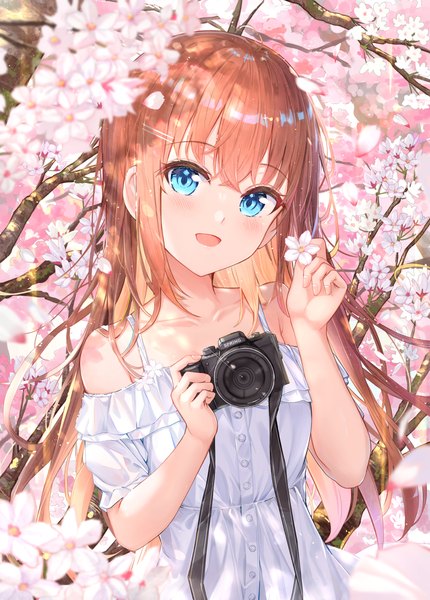 Anime picture 3031x4230 with original na kyo single long hair tall image looking at viewer fringe highres open mouth blue eyes hair between eyes brown hair absurdres upper body head tilt :d cherry blossoms spring girl flower (flowers)