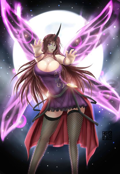 Anime picture 1024x1475 with torahime (roland00) single long hair tall image looking at viewer short hair breasts open mouth light erotic brown hair purple eyes huge breasts girl thighhighs wings pendant moon full moon fishnet stockings