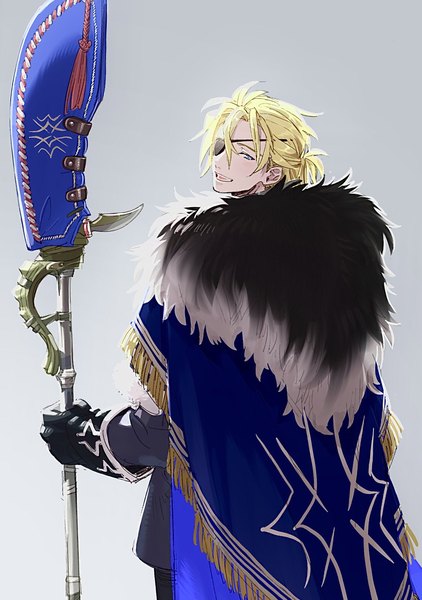 Anime picture 1104x1569 with fire emblem fire emblem: three houses nintendo dimitri alexandre blaiddyd ja qg8 single tall image looking at viewer fringe short hair open mouth blue eyes simple background blonde hair smile hair between eyes standing holding looking back fur trim