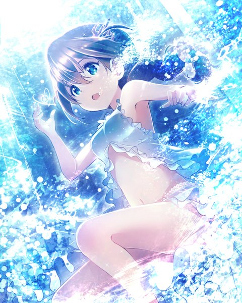 Anime picture 765x956 with idolmaster idolmaster million live! baba konomi ima (lm ew) single long hair tall image fringe breasts open mouth blue eyes light erotic bare shoulders blue hair bent knee (knees) braid (braids) bare belly bare legs sleeveless twin braids
