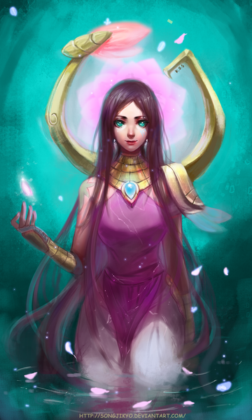 Anime picture 1500x2500 with league of legends karma (league of legends) songjikyo single tall image looking at viewer light erotic black hair green eyes very long hair lips girl dress earrings petals water