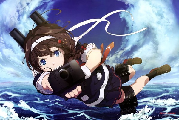 Anime picture 6121x4087 with kantai collection newtype shigure destroyer yoshikawa kumiko single long hair looking at viewer fringe highres blue eyes hair between eyes brown hair absurdres sky cloud (clouds) full body outdoors braid (braids) scan official art