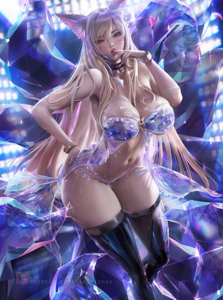 Anime picture 2601x3500 with league of legends k/da (league of legends) ahri (league of legends) k/da ahri sakimichan single long hair tall image looking at viewer blush fringe highres breasts light erotic blonde hair hair between eyes large breasts standing signed animal ears