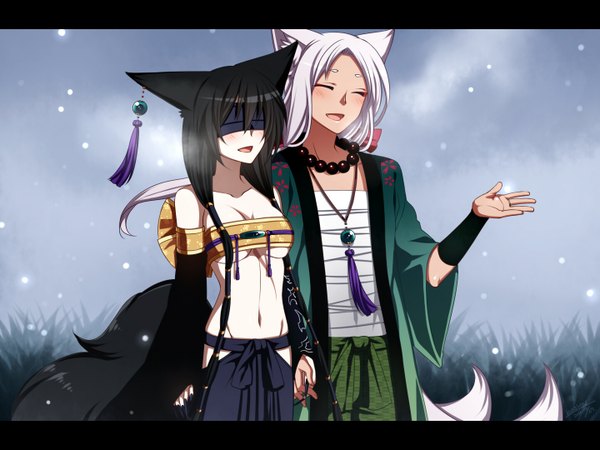 Anime picture 1440x1080 with konshin long hair blush open mouth black hair multiple girls animal ears white hair tail eyes closed japanese clothes animal tail fox ears holding hands fox tail snowing letterboxed winter snow girl