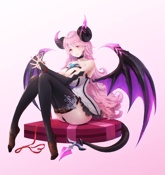 Anime picture 3782x4010 with aura kingdom cookman single long hair tall image looking at viewer highres breasts light erotic simple background red eyes sitting bare shoulders pink hair absurdres horn (horns) huge breasts gradient background pink background hands clasped
