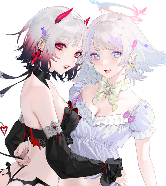 Anime picture 2000x2239 with original nacchan (ohisashiburi) ohisashiburi tall image highres short hair open mouth light erotic simple background white background multiple girls cleavage silver hair tail nail polish :d pink eyes multicolored hair horn (horns) streaked hair