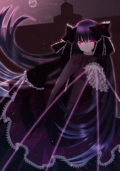 Anime picture 2480x3508 with aliceword long hair tall image highres purple eyes purple hair girl dress bow hair bow moon thread