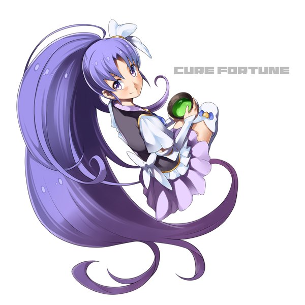 Anime picture 1000x1000 with precure happinesscharge precure! toei animation hikawa iona cure fortune yuuzii single looking at viewer simple background smile white background sitting purple eyes purple hair ponytail very long hair from above character names magical girl girl