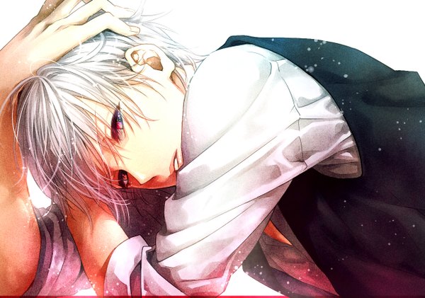 Anime picture 1280x900 with tayuya1130 single looking at viewer short hair open mouth simple background white background white hair pink eyes hand on head open collar twisty sleeves boy shirt white shirt vest