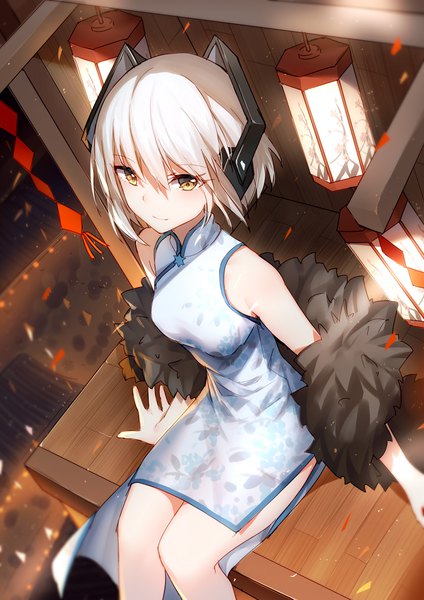 Anime picture 800x1131 with idollers bison cangshu single tall image fringe short hair hair between eyes sitting bare shoulders yellow eyes looking away white hair traditional clothes from above arm support chinese clothes side slit tsurime girl chinese dress