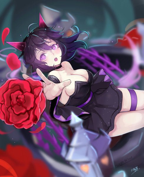 Anime picture 1100x1350 with original miyaura sanshio beifeng han single tall image fringe breasts open mouth light erotic black hair hair between eyes large breasts purple eyes bare shoulders signed ahoge arm up horn (horns) demon girl girl