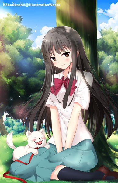 Anime picture 1000x1546 with kimi ni todoke production i.g kuronuma sawako kaho okashii single long hair tall image looking at viewer blush black hair brown eyes light smile girl animal shirt cat