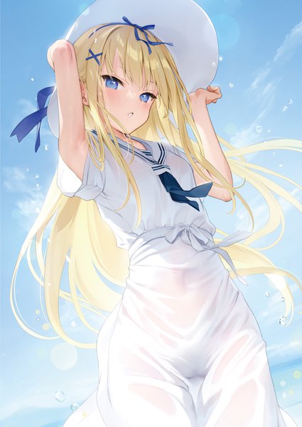 Anime picture 2150x3036 with original melonbooks mignon single long hair tall image looking at viewer blush fringe highres breasts blue eyes light erotic blonde hair standing sky outdoors blunt bangs parted lips wind