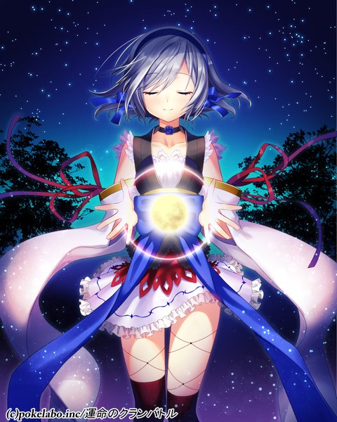 Anime picture 799x1000 with fuji minako single tall image short hair eyes closed grey hair night magic girl thighhighs dress black thighhighs detached sleeves hairband