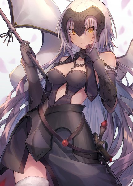 Anime picture 822x1148 with fate (series) fate/grand order jeanne d'arc (fate) (all) jeanne d'arc alter (fate) jeanne d'arc alter (avenger) (third ascension) (fate) coyucom single long hair tall image looking at viewer blush fringe breasts simple background hair between eyes standing bare shoulders holding yellow eyes silver hair