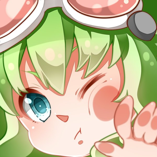 Anime picture 1000x1000 with vocaloid gumi nou single looking at viewer blush short hair one eye closed aqua eyes green hair wink close-up face girl goggles