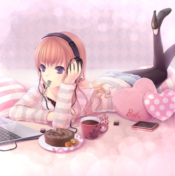 Anime picture 1570x1576 with vocaloid megurine luka ouka mai (artist) long hair short hair purple eyes pink hair mouth hold striped girl heart sweets headphones cup cake phone fork laptop
