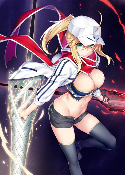 Anime picture 643x900 with fate (series) fate/grand order artoria pendragon (all) artoria pendragon (lancer) mysterious heroine x (fate) kodama yuu single long hair tall image looking at viewer fringe breasts light erotic blonde hair hair between eyes large breasts green eyes cleavage ahoge ponytail