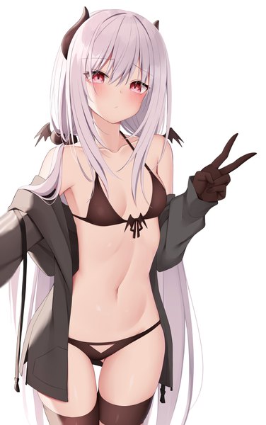 Anime picture 840x1340 with original kamu (geeenius) single long hair tall image looking at viewer blush fringe breasts light erotic simple background hair between eyes red eyes standing white background twintails silver hair head tilt horn (horns) off shoulder
