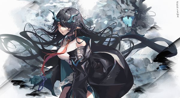 Anime picture 4545x2467 with arknights dusk (arknights) zeklewaaa single long hair looking at viewer fringe highres open mouth black hair red eyes wide image signed absurdres horn (horns) pointy ears hair over one eye :o fantasy girl
