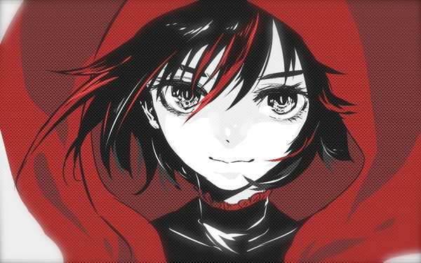 Anime picture 1680x1050 with rwby rooster teeth ruby rose shushari single looking at viewer fringe short hair black hair simple background white background red hair multicolored hair black eyes monochrome portrait eyebrows spiked hair white skin partially colored