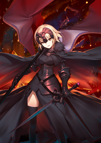 Anime picture 652x921 with fate (series) fate/grand order fate/apocrypha jeanne d'arc (fate) (all) jeanne d'arc alter (fate) akisa (12023648) single tall image looking at viewer fringe short hair blonde hair smile standing holding brown eyes parted lips head tilt wind zettai ryouiki