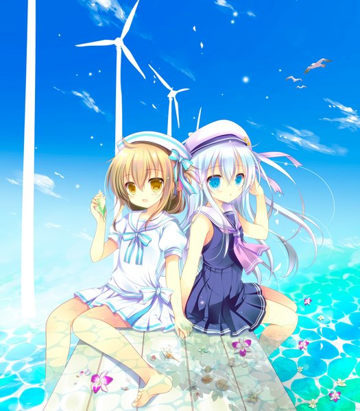 Anime picture 875x1000 with kantai collection hibiki destroyer inazuma destroyer shirogane hina long hair tall image short hair blue eyes brown hair sitting multiple girls yellow eyes sky cloud (clouds) white hair loli girl dress flower (flowers) 2 girls