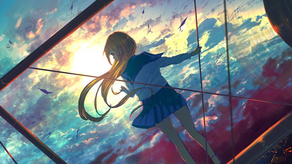 Anime picture 1334x750 with original goroku single long hair fringe blonde hair wide image standing cloud (clouds) outdoors profile pleated skirt looking back wind from behind sunlight back flying girl skirt