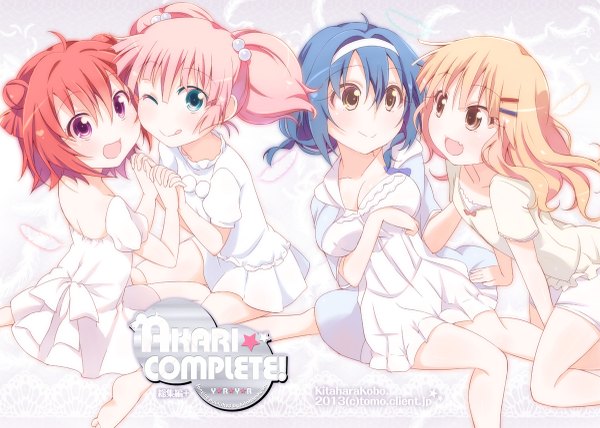 Anime picture 1200x857 with yuru yuri doga kobo akaza akari yoshikawa chinatsu oomuro sakurako furutani himawari kitahara tomoe (kitahara koubou) long hair looking at viewer blush short hair open mouth blonde hair smile sitting purple eyes twintails multiple girls brown eyes blue hair