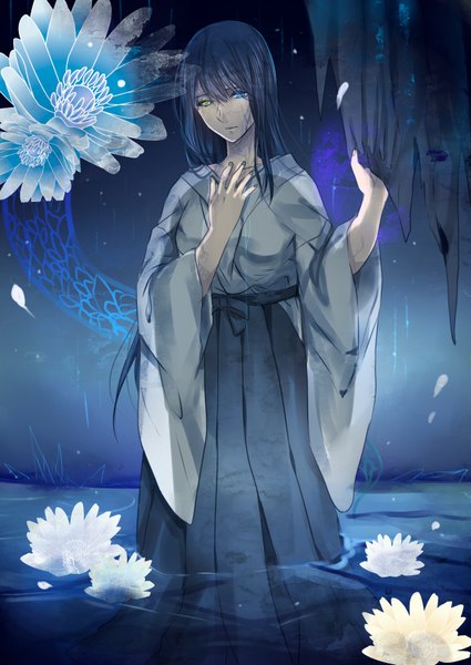 Anime picture 1200x1694 with fatal frame fatal frame 3 yukishiro reika kurozatou owata single long hair tall image looking at viewer fringe breasts traditional clothes japanese clothes fingernails lips wide sleeves heterochromia girl flower (flowers) petals water