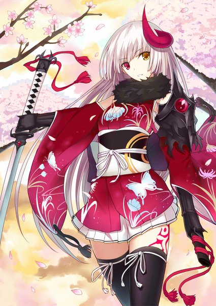Anime picture 800x1129 with original kauto single long hair tall image white hair horn (horns) heterochromia girl thighhighs flower (flowers) weapon black thighhighs detached sleeves petals sword katana obi