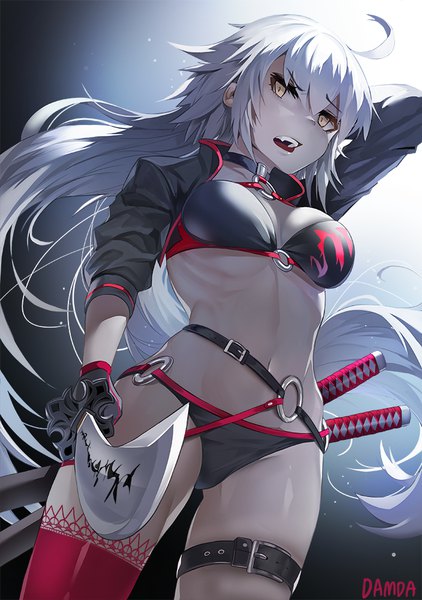 Anime picture 703x1000 with fate (series) fate/grand order jeanne d'arc (fate) (all) jeanne d'arc alter (fate) jeanne d'arc alter (swimsuit berserker) (fate) damda single long hair tall image looking at viewer fringe breasts open mouth light erotic hair between eyes standing holding signed yellow eyes silver hair