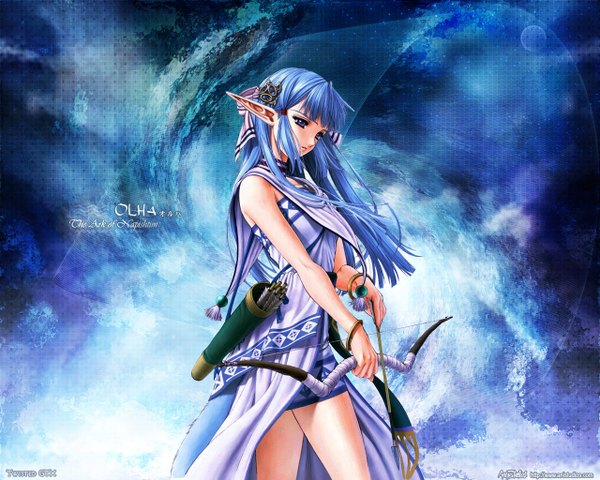 Anime picture 1280x1024 with ys olha (ys) taue shunsuke single long hair open mouth blue eyes bare shoulders signed blue hair pointy ears elf third-party edit girl hair ornament weapon bracelet bow (weapon) arrow (arrows) quiver
