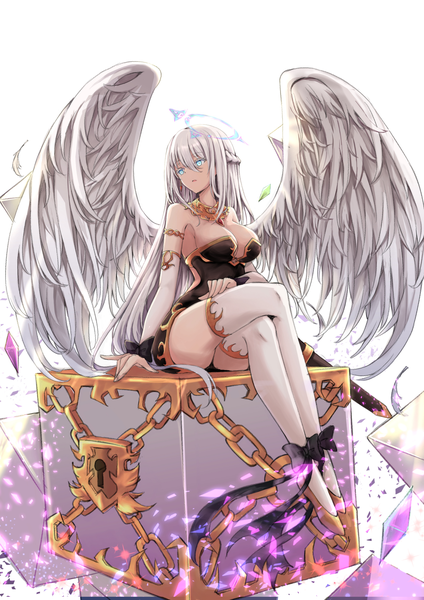 Anime picture 1200x1697 with original hakuya (white night) single long hair tall image fringe breasts blue eyes light erotic hair between eyes large breasts sitting bare shoulders looking away white hair crossed legs half updo white wings angel girl