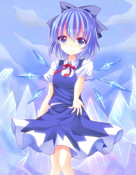 Anime picture 1200x1533 with touhou cirno ikeda hazuki single tall image short hair blue eyes smile blue hair girl dress bow hair bow wings ice