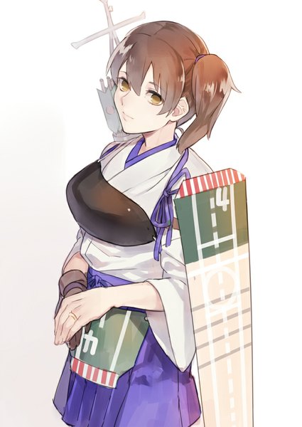Anime picture 800x1129 with kantai collection kaga aircraft carrier yayata (884) single tall image short hair simple background brown hair white background brown eyes looking away ponytail traditional clothes japanese clothes from above side ponytail girl armor ring single glove