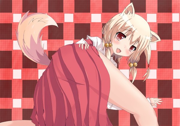 Anime picture 5014x3514 with original neguse2525 single blush highres open mouth blonde hair red eyes animal ears absurdres traditional clothes animal tail teeth fang (fangs) girl bell jingle bell