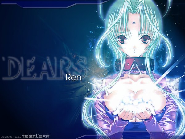 Anime picture 1600x1200 with dears ren (dears) single long hair light erotic red eyes green hair girl collar