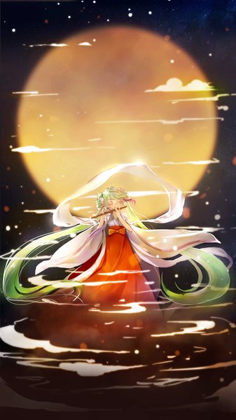 Anime picture 1080x1920 with vocaloid hatsune miku orry single tall image standing twintails holding ahoge eyes closed long sleeves very long hair traditional clothes japanese clothes hair flower green hair night wide sleeves hair bun (hair buns) night sky