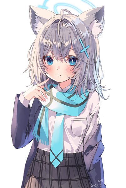 Anime picture 671x1000 with blue archive shiroko (blue archive) shiro albino single tall image blush fringe short hair blue eyes simple background hair between eyes standing white background animal ears silver hair ahoge girl uniform hair ornament school uniform