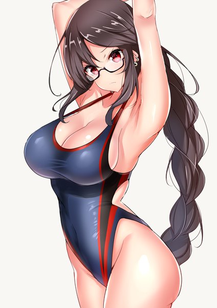 Anime picture 1000x1414 with fate (series) fate/grand order yu mei-ren (fate) sankakusui single long hair tall image looking at viewer blush fringe breasts light erotic simple background hair between eyes red eyes brown hair large breasts standing payot cleavage