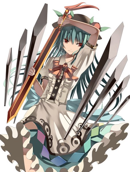 Anime picture 759x999 with touhou hinanawi tenshi kureha (ironika) single long hair tall image fringe simple background hair between eyes red eyes white background looking away from above aqua hair fighting stance girl dress weapon hat sword