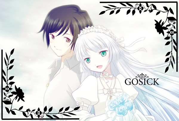 Anime picture 1571x1061 with gosick studio bones victorique de blois kujou kazuya machinosuke long hair short hair black hair brown eyes green eyes white hair couple spoilers girl dress boy hair ornament flower (flowers) rose (roses) wedding dress