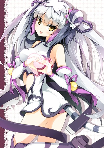 Anime picture 708x1000 with puzzle & dragons haku (p&d) reina (black spider) single long hair tall image looking at viewer blush open mouth light erotic yellow eyes pink hair silver hair tail animal tail multicolored hair grey hair heart hands girl dress