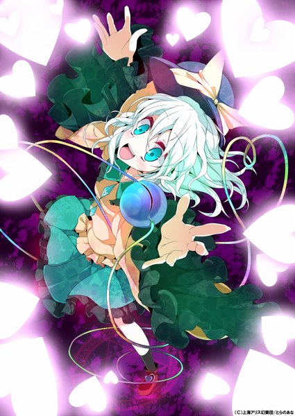 Anime picture 1253x1770 with touhou komeiji koishi oouso (usotsukiya) single tall image short hair open mouth green eyes green hair outstretched arm glowing happy heart of string girl dress hat heart