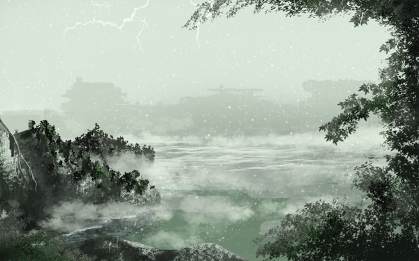 Anime picture 960x600 with original waisshu (sougyokyuu) sky outdoors snowing winter no people landscape nature rock lightning fog lake plant (plants) tree (trees) train