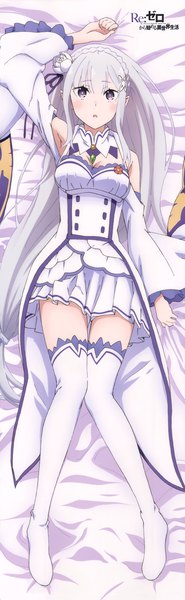 Anime picture 2287x7393 with re:zero kara hajimeru isekai seikatsu white fox emilia (re:zero) single long hair tall image looking at viewer blush fringe highres open mouth purple eyes silver hair bent knee (knees) lying arm up hair flower pointy ears scan wide sleeves